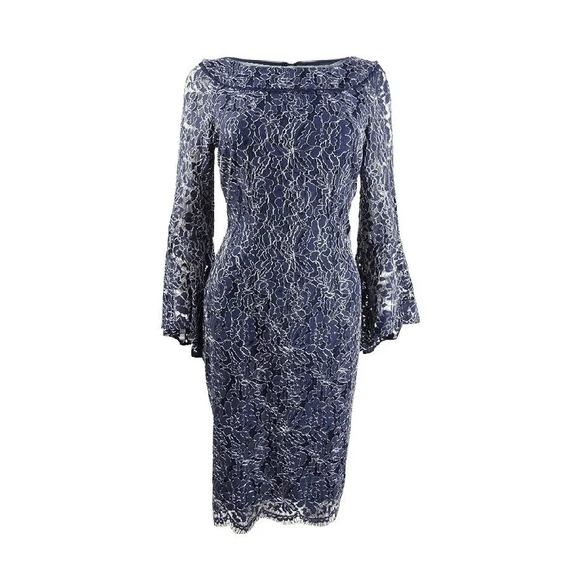 Deal Dash draped dressXscape Women's Lace Belle-Sleeve Dress (4, Navy/SIlver)