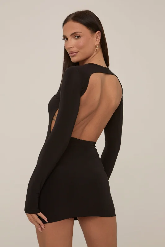 Weekend Flash Sale satin dressBlack Slinky Open Back Mini Dress - Alaina
