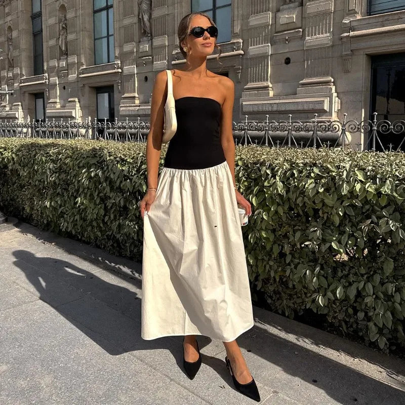 Closeout satin dressA&A Monochrome Summer Strapless Maxi Dress