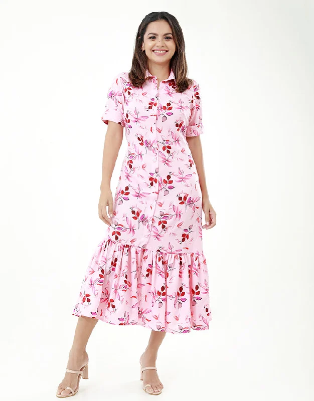 Today’s Deal flowy dressPrinted Short Sleeves Dress with Collar