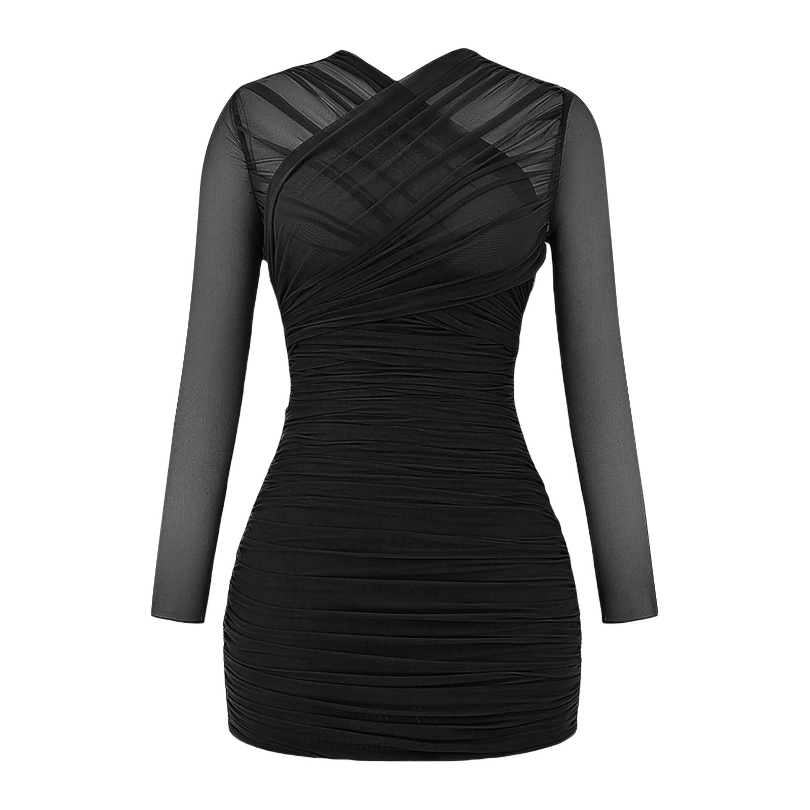 Act Fast stylish party dressA&A Ruched Mesh Long Sleeve Wrap Front Bodycon Dress