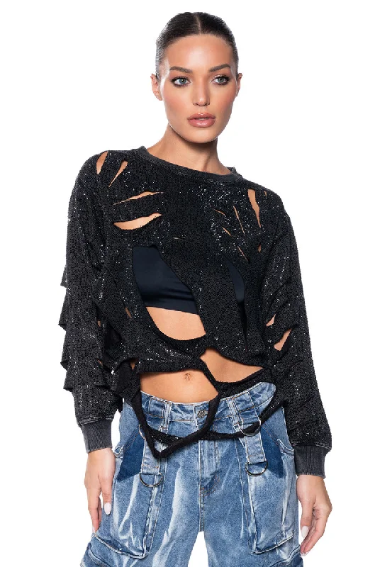 Instant Discount THRASHER RHINESTONE SHREDDED SWEATSHIRT