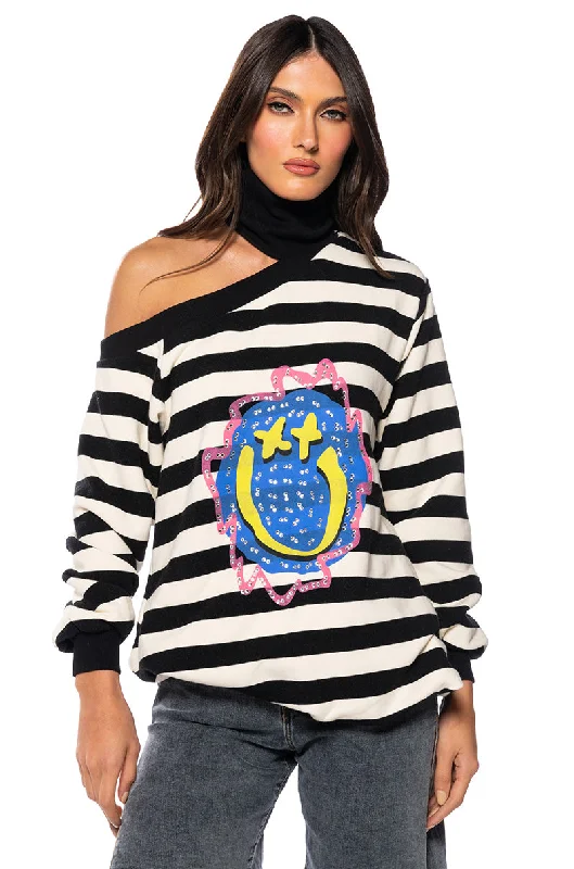 Seasonal Clearance COLD SHOULDER STRIPED LONG SLEEVE TOP