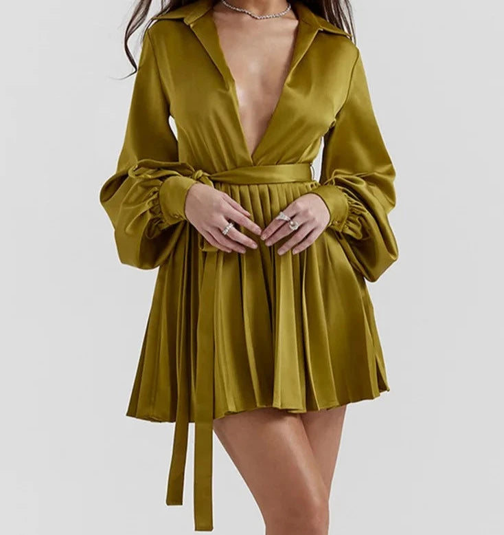 Savings Event statement dressA&A Satin Pleated Olive Shirt Dress