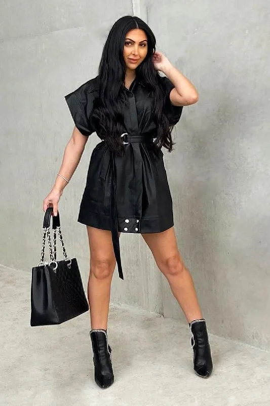 Overstock Sale winter dressBlack Faux Leather Plunge Belted Dress - Jaice