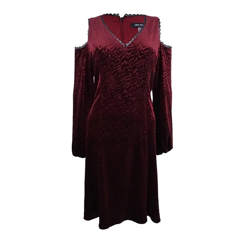 Deal Dash pleated dressNine West Women's Flocked-Velvet Cold-Shoulder Dress