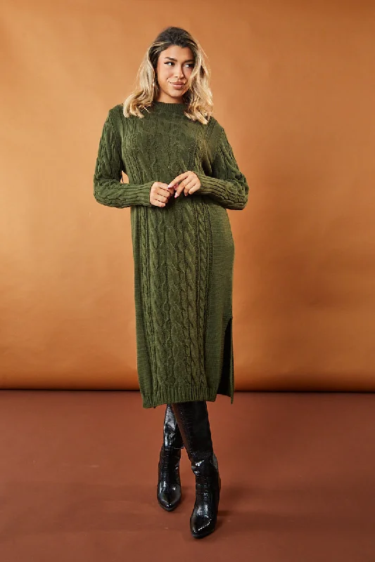 The Best Prices casual evening dressKhaki Cabled Knit Oversized Midi Dress - Susan