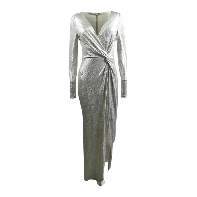 New Markdowns classic fit-and-flare dressEliza J Women's Metallic Twist-Front Gown (6, Silver)