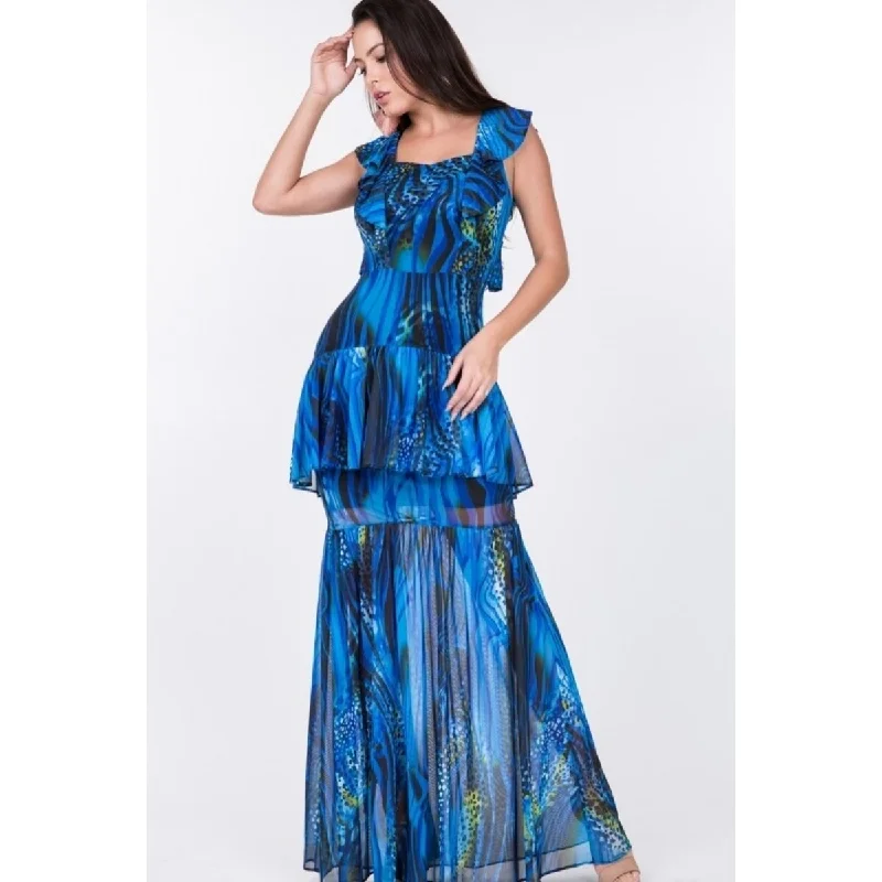 YEAR-End Clearance pleated maxi dressNylon Long Dress with Ruffle Sleeve Tiered Bottom Print