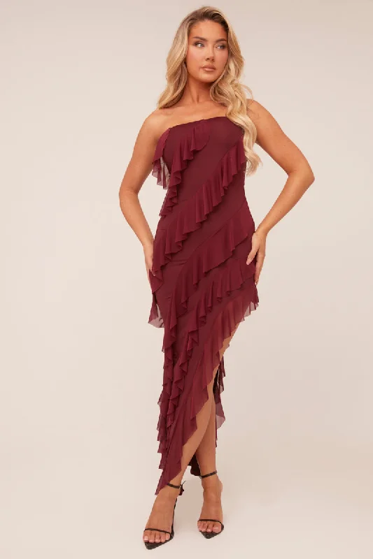 Savings Bonanza casual evening dressBurgundy Bandeau Frill Detail Maxi Dress - Gillian Savings Bonanza casual evening dressBurgundy Bandeau Frill Detail Maxi Dress - Gillian