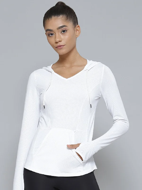 Deal Frenzy Fitkin Women White  Self Design Hooded Sports T-shirt