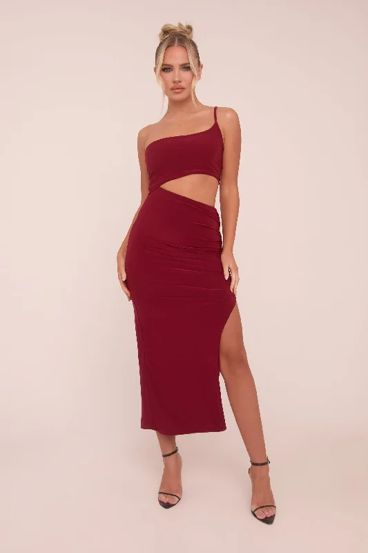 Year-End Sale romantic dressBurgundy One Shoulder Cut Out Midi Dress - Antonia