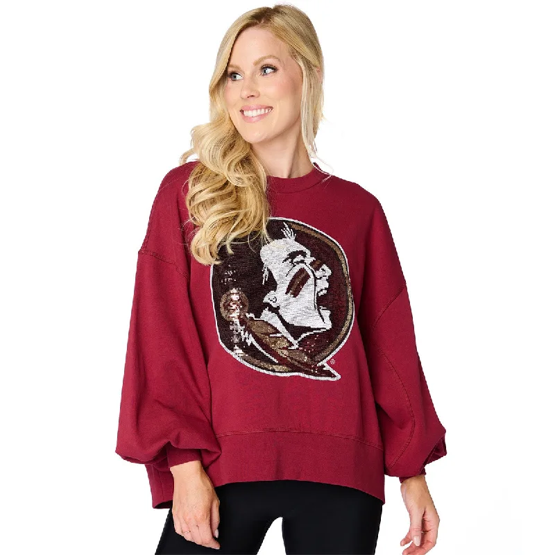Price Fest Stewart Simmons Women's Sequins Seminole Logo Design Relaxed Oversized Fleece Crew - Garnet Price Fest Stewart Simmons Women's Sequins Seminole Logo Design Relaxed Oversized Fleece Crew - Garnet