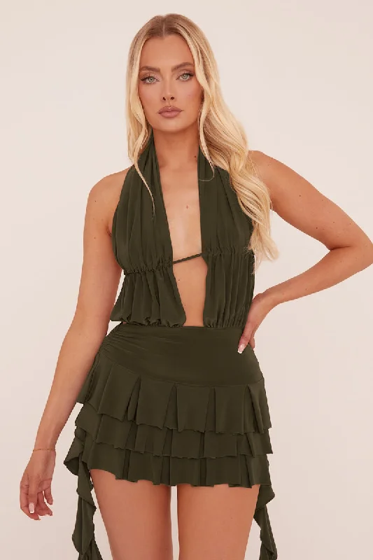 Massive Deals office dressKhaki Plunge Neck Frill Detail Mini Dress - Swan