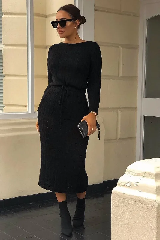 Epic Deals cocktail dressBlack Cable Knit Drawstring Waist Dress - Rhea