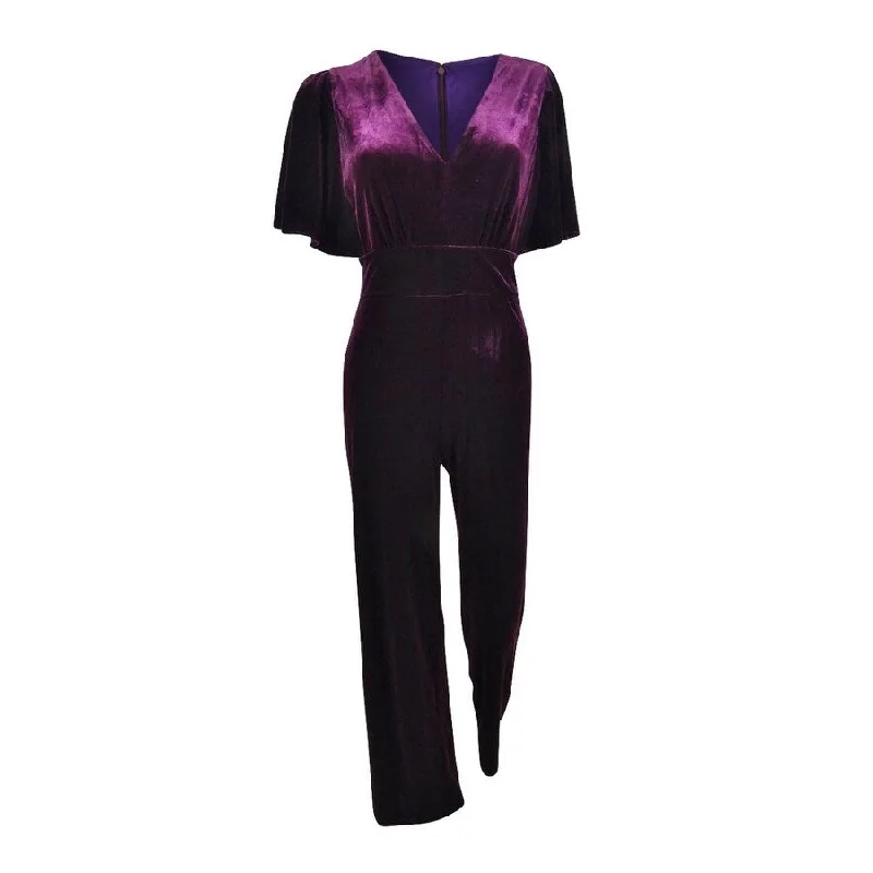 Final Clearance v-neck dressDKNY Women's Velvet Flutter Sleeve Jumpsuit (2, Aubergine)