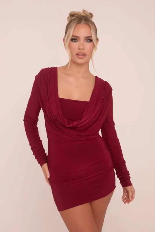 Bonus Savings floral midi dressBurgundy Cowl Neck Long Sleeve Bodycon Mini Dress - Oliana Bonus Savings floral midi dressBurgundy Cowl Neck Long Sleeve Bodycon Mini Dress - Oliana