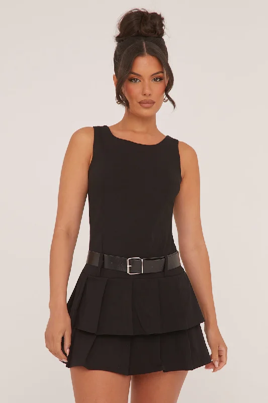 Value Deals pleated dressBlack Pleated Belt Detail Mini Dress - Bobbie