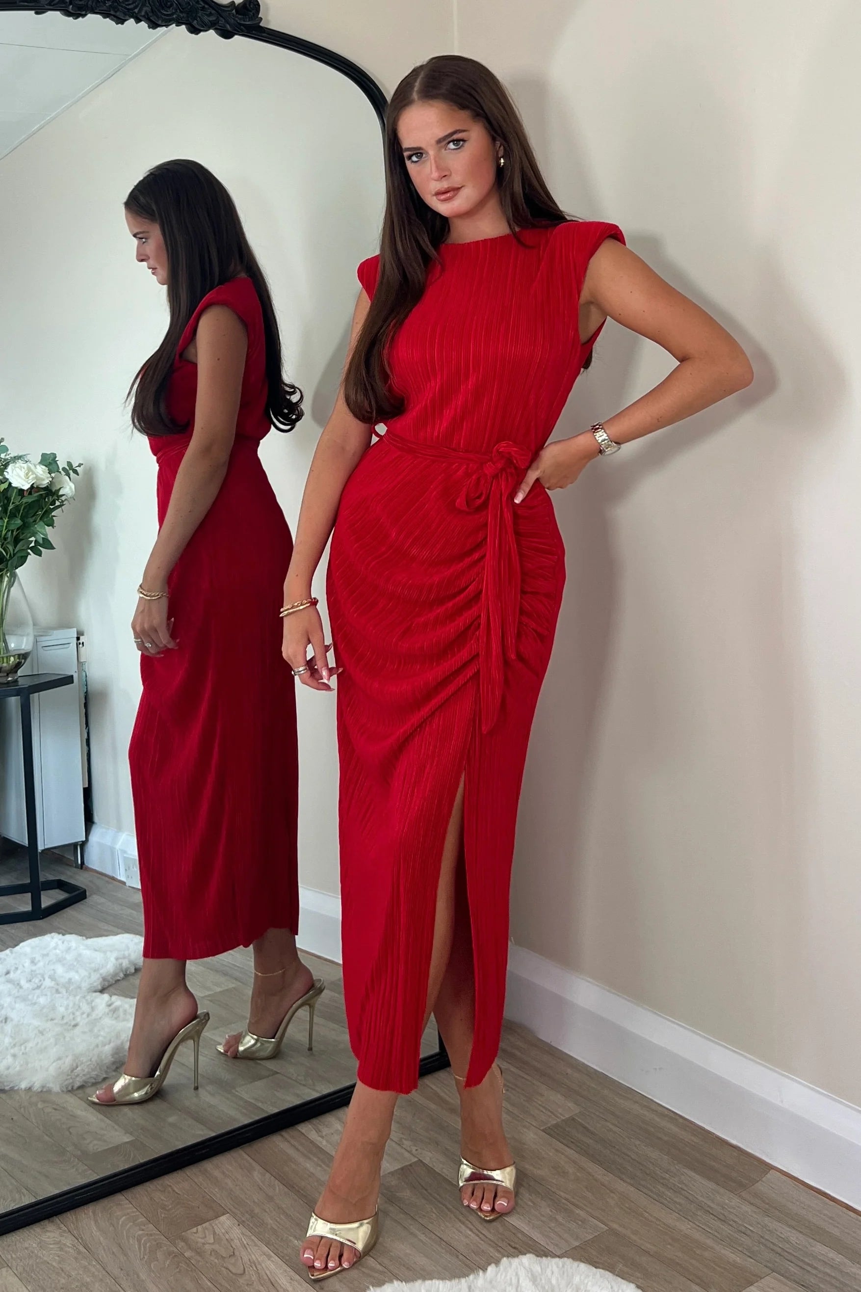 Clearance Event satin dressElena Ruched Seamed Midi Dress (Red)