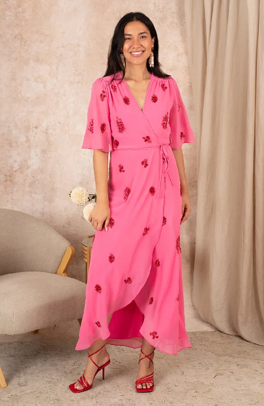 Super Savings fitted cocktail dressTHE HEBE EMBELLISHED WRAP DRESS WITH TIE WAIST AND FLUTTER SLEEVE (PINK/RED) CURVE