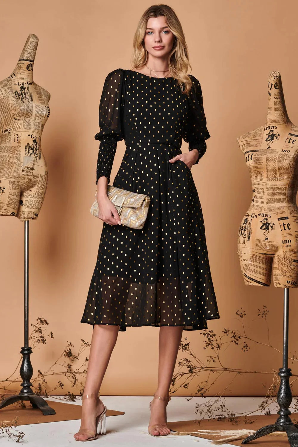 Massive Deals ruched dressMETALLIC CHIFFON PUFF SLEEVE MIDI DRESS (BLACK) CURVE