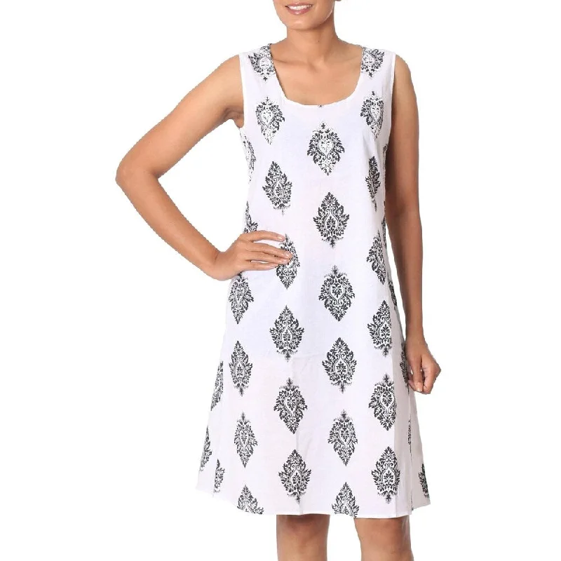 YEAR-End Clearance flowy evening dressHandmade Cotton Black Leaves Shift Dress (India)