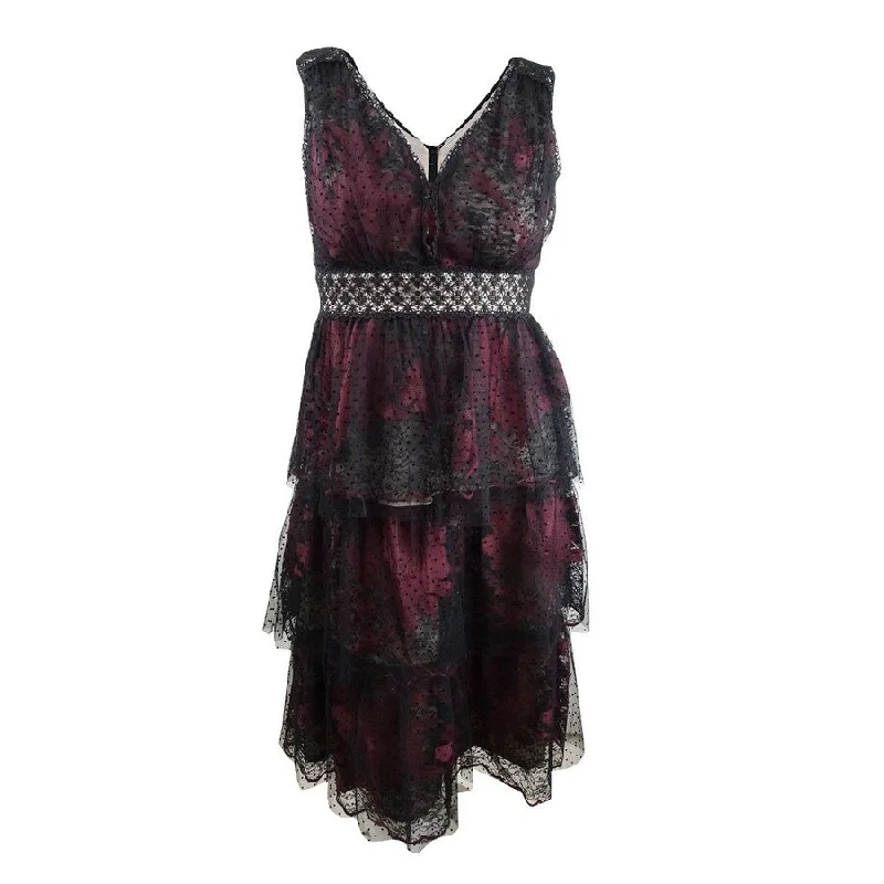 Markdowns vintage-inspired dressTaylor Women's Tiered Lace Tulle Midi Dress (6, Black/Burgundy)