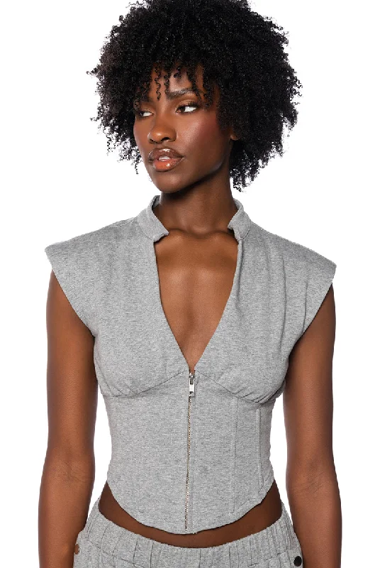 Special Savings LONDYN SLEEVELESS ZIP UP CORSET SWEATSHIRT IN GREY