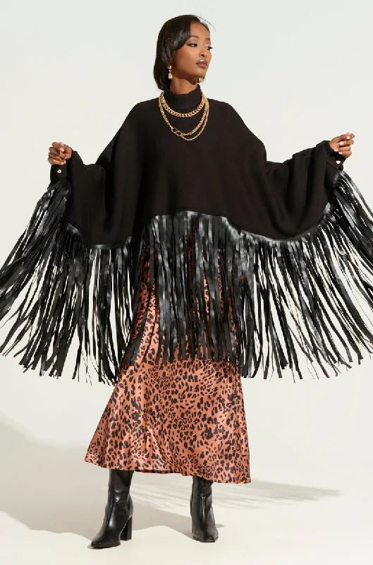 Weekend Special CITY GIRL FAUX LEATHER FRINGE SWEATSHIRT IN BLACK