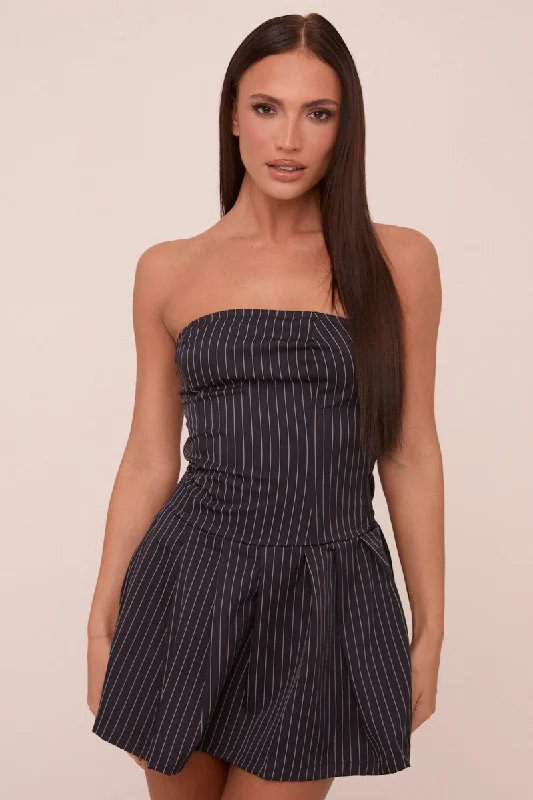 Act Fast formal dressNavy Pin Stripe Bandeau Pleated Mini Dress - Amy