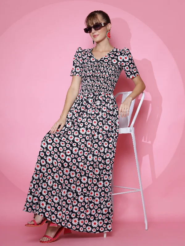 Early Access pleated dressWomen Floral Printed  Fit and Flare Black Dress
