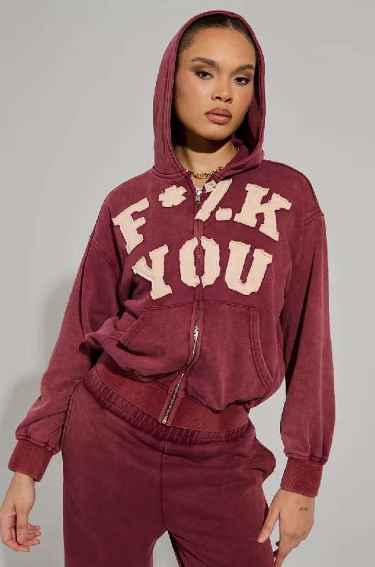 Customer Appreciation Sale GRAPHIC LANGUAGE MINERAL WASH ZIP UP SWEATSHIRT IN BURGUNDY