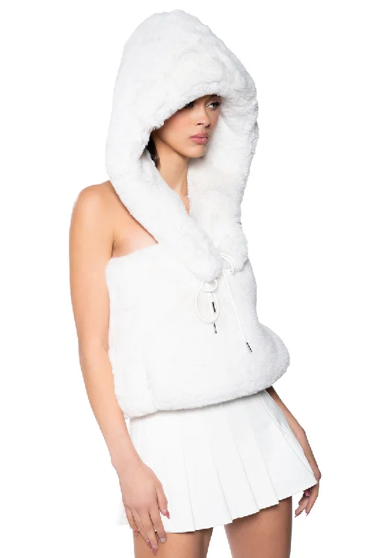 Stock Clearance STARSTRUCK TIE FRONT FAUX FUR TOP WITH HOOD IN IVORY