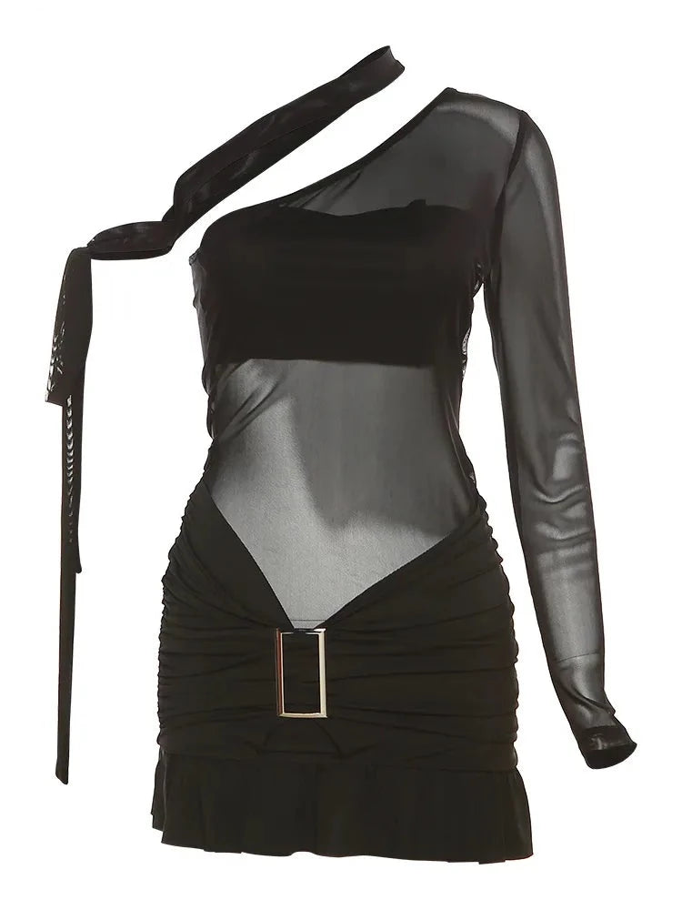 Holiday Sale structured dressA&A Mesh Chic Buckle Ruffles Mini Dress