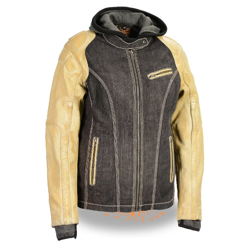 Hurry In Milwaukee Leather MDL2005 Ladies Hooded Two Tone Black and Beige Denim and Leather Scuba Jacket