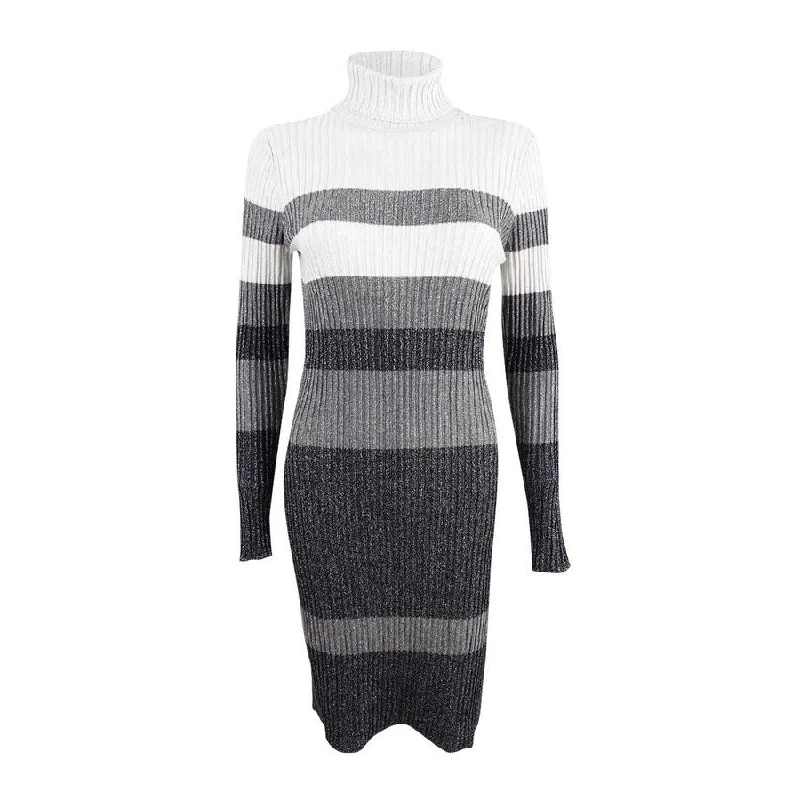 Special Discount layered dressCalvin Klein Women's Metallic Striped Turtleneck Sweater Dress