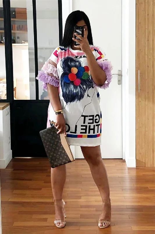 Discount Extravaganza vintage-inspired dressWhite Graphic Print T-shirt Dress with Tulle Sleeves - Kirsta