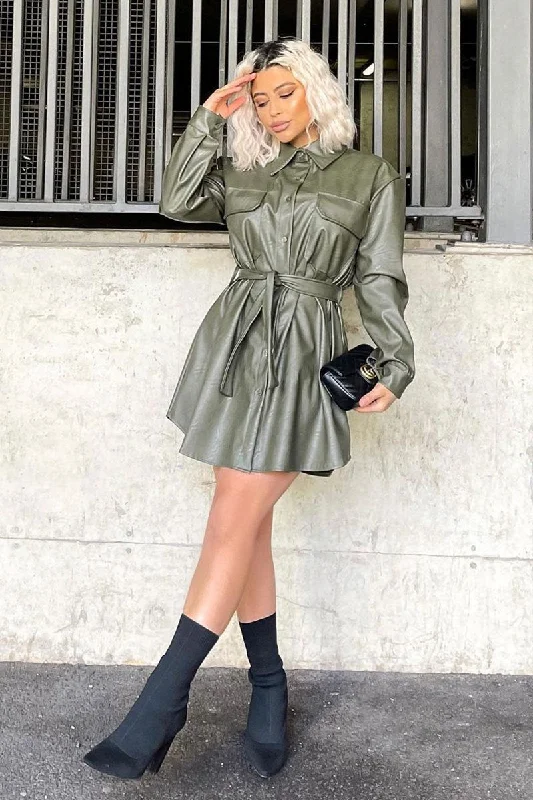 Now or Never boho dressKhaki Faux Leather Belted Shirt Mini Dress - Alese