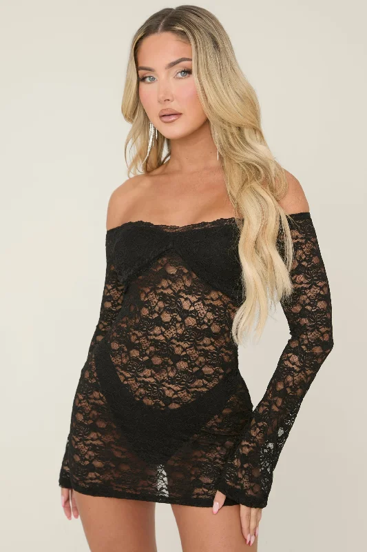 Doorbuster Deal luxury dressBlack Lace Bardot Long Sleeve Mini Dress - Bex