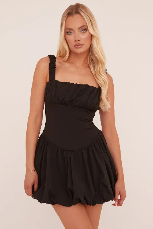 Early Access velvet dressBlack Ruching Detail Puffball Mini Dress - Katie