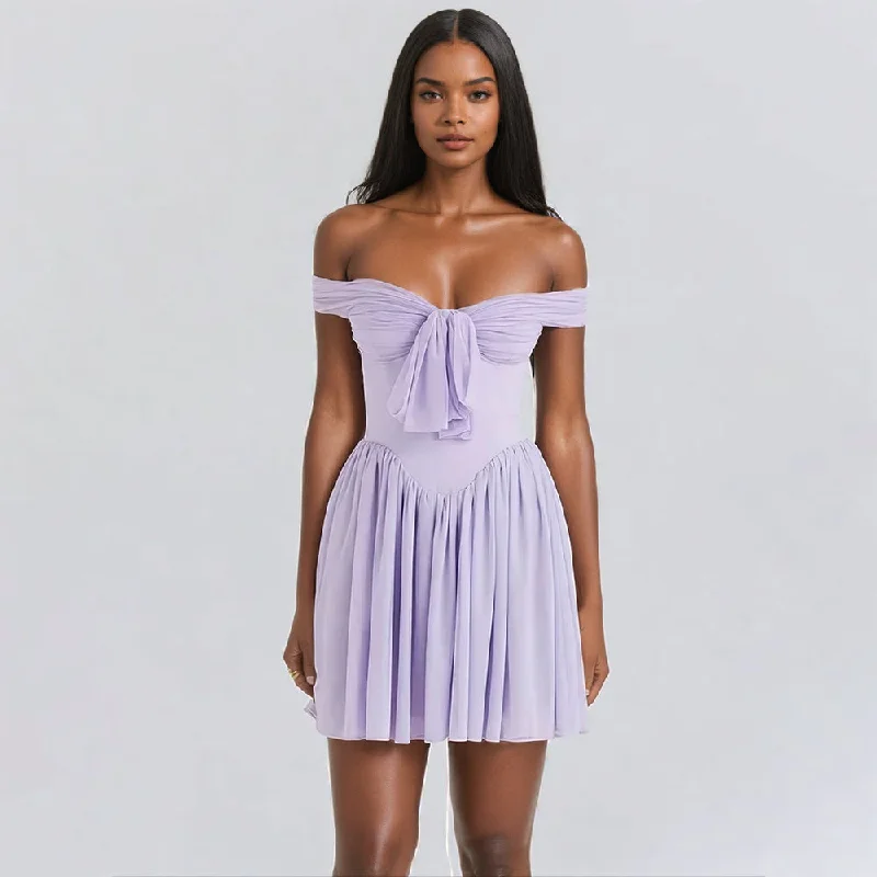 Hurry In denim dressA&A Lilac Off-shoulder Pleated Mini Dress