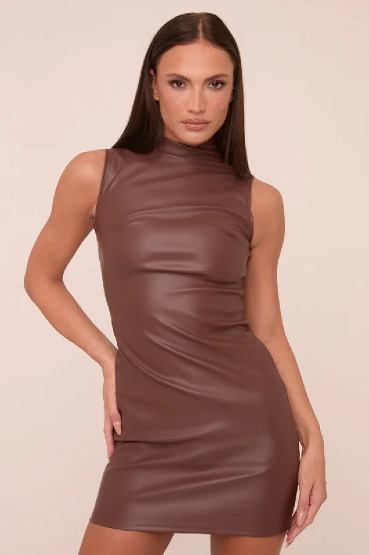 Blowout Deals vintage-inspired dressBrown Faux Leather High Neck Sleeveless Mini Dress - Hazel Blowout Deals vintage-inspired dressBrown Faux Leather High Neck Sleeveless Mini Dress - Hazel