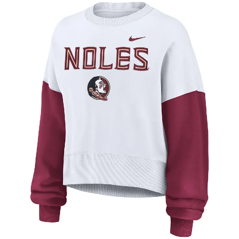Closeout Nike Women's Noles Seminole Logo Crew Fleece - White/Garnet