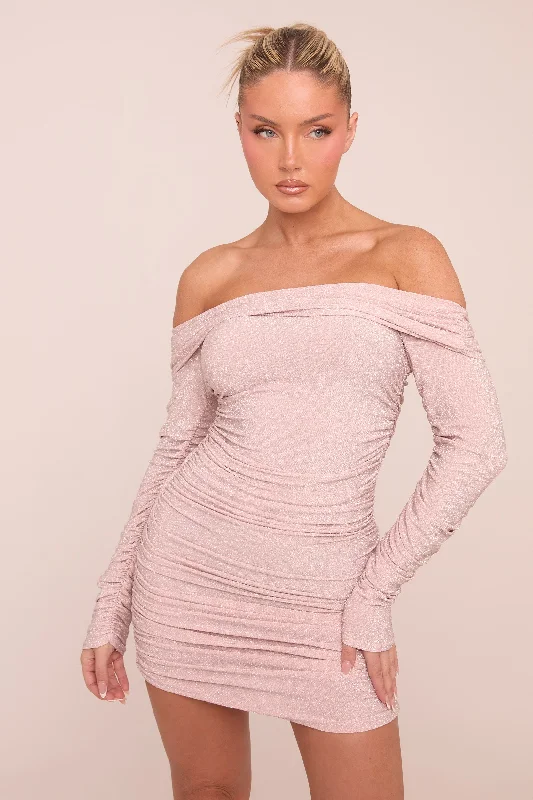 Quick Sale stylish dressPink Lurex Bardot Ruched Bodycon Mini Dress - Vivian