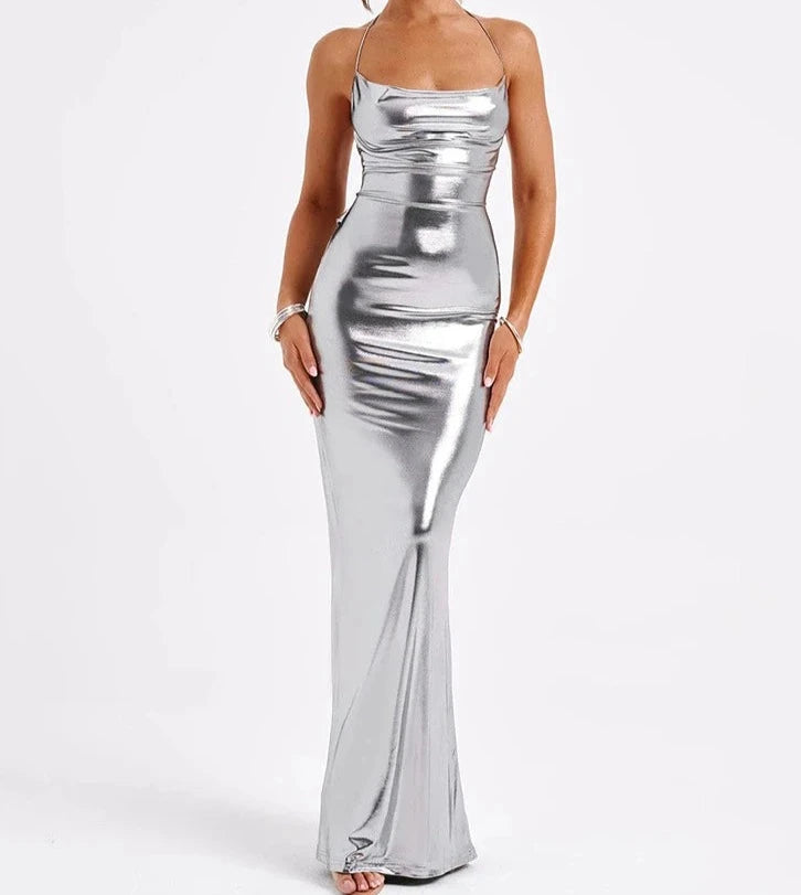 Hurry In lace-up dressA&A Metallic Backless Cowl Neck Maxi Dress
