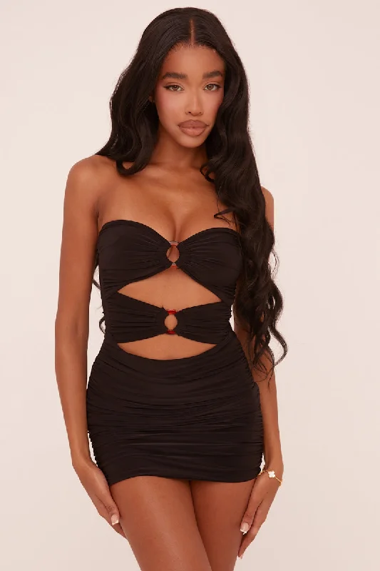 Act Fast denim dressBlack Ring Detail Bandeau Ruched Bodycon Mini Dress - Tefta