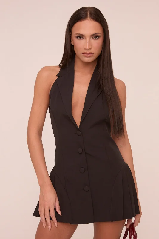 Holiday Sale flowy dressBlack Halter Neck Button Up Front Pleated Mini Dress - Bella