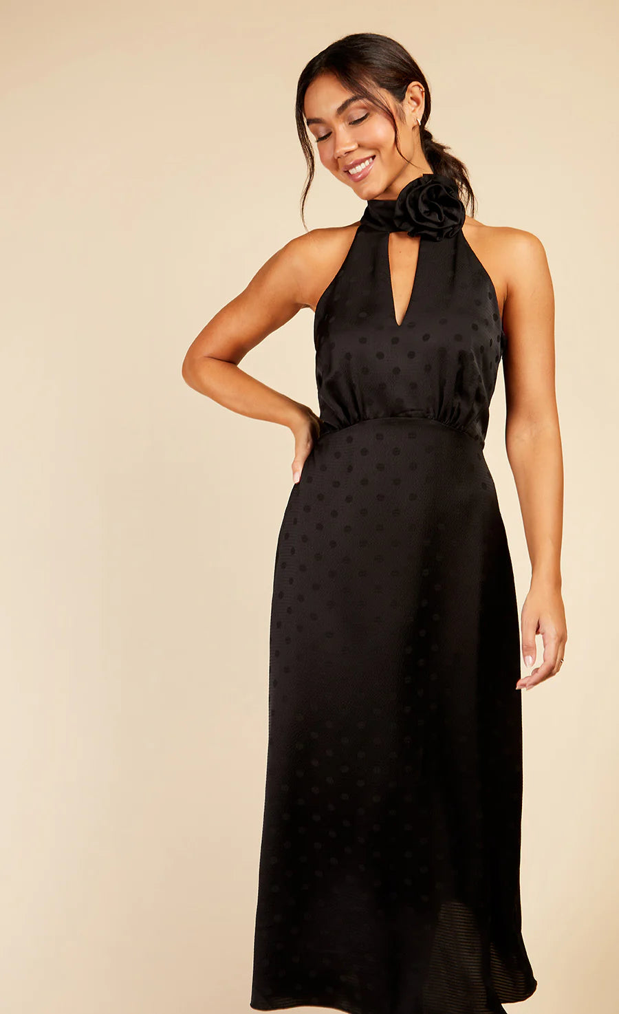 Mega Sale silk dressLorna Rosette Midaxi Dress (Black Spot Print)
