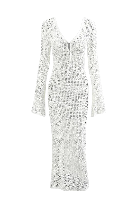 Limited Time Discount trendy dressA&A V neck Flare Long sleeved Knitted Maxi Dress