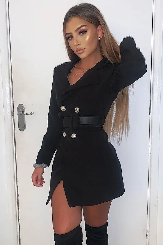 Reduced Prices long sleeve dressBlack Silver Button Belted Blazer Dress - Hattie